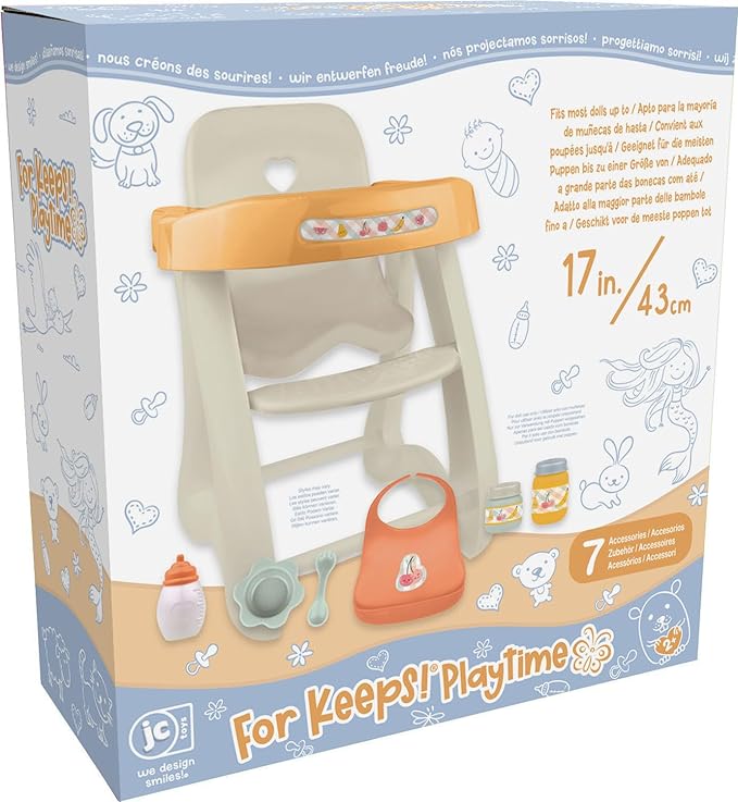 JC Toys - for Keeps Playtime! | Baby Doll High Chair | Fits Dolls up to 17" | Sturdy High Chair and Play Accessories | Ages 2| Earth Tone Colors
