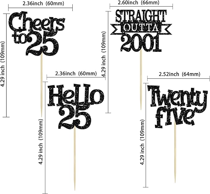 Ephlyn 24Pcs 25th Birthday Cupcake Toppers Glitter Straight Outta 2001 Cupcake Picks Hello 25 Cheers to 25 Years Cake Decorations for 25th Birthday Anniversary Party Decorations Supplies Black