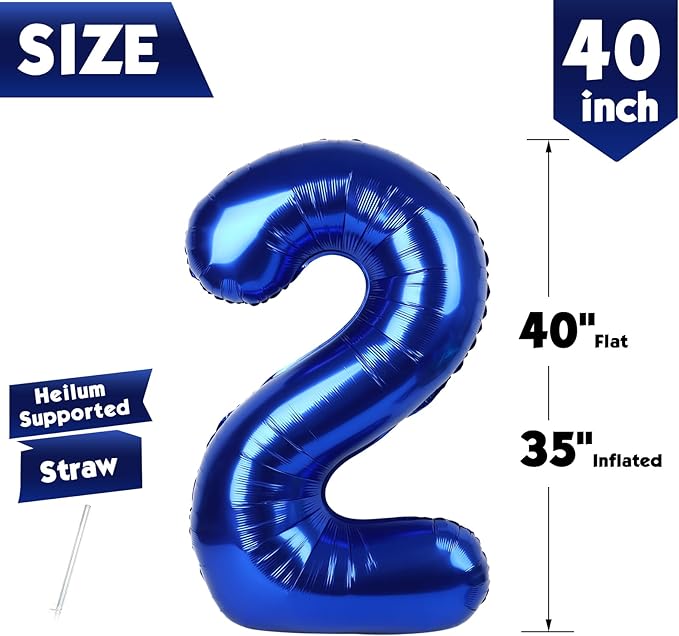 40 Inch Night Blue Number 2 Balloon, Giant 2 Number Balloons for 2nd Birthday Decorations, Party Supplies for Baby Boy Girl, Night Blue Party Decor