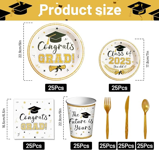 175 Pcs Graduation Tableware Set Party Supplies - Serves 25, Congrats Grad Class of 2025 Disposable Plates, Cups, Napkins, Forks, Spoons, Knives for High School, College Graduation, Prom Decorations