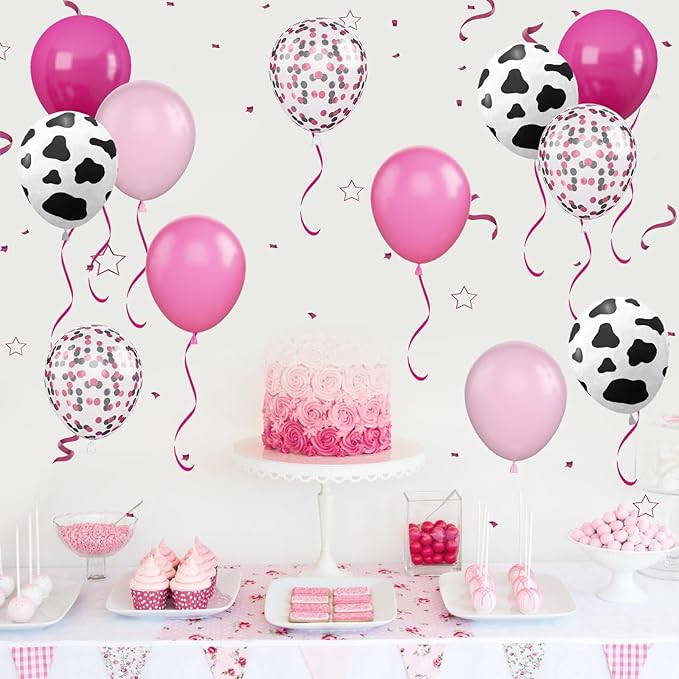 Cow Balloons, 12 Inch Pink Cow Print Balloon Hot Pink Pastel Pink Confetti Pink Helium Latex Balloons for Birthday, Girls, Cow Print Party, Cowgirl Rodeo Party, Farm Party Decorations Supplies