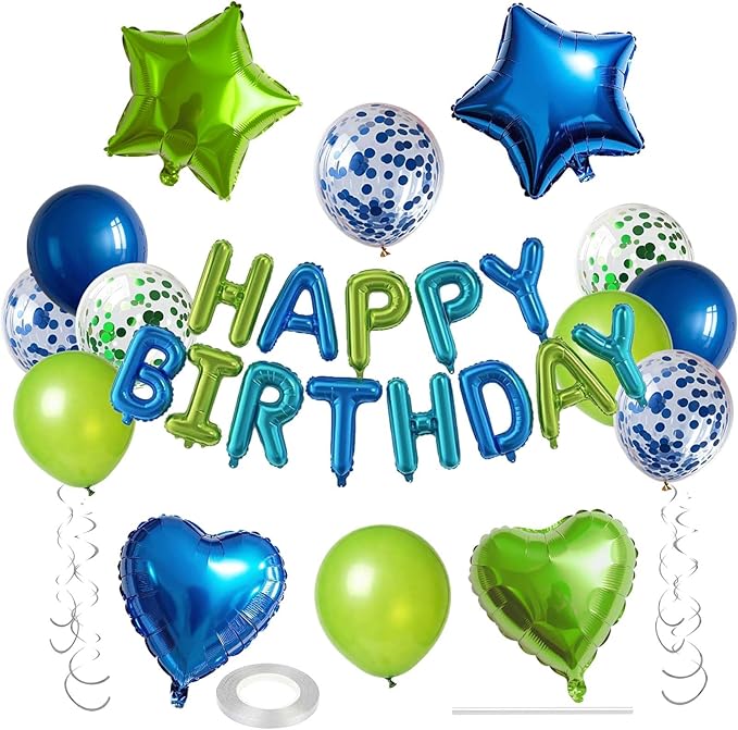 27 Pcs Green Blue Birthday Decorations, 3D Letters Green Blue Happy Birthday Balloon Banner, Pentagram Heart Foil Balloons Confetti Balloons Kit For Boys Girls Party Supplies