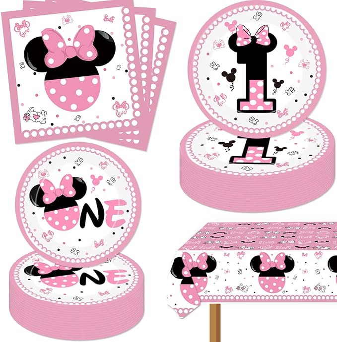 Pink 1st Birthday Party Supplies Tableware Pink Cartoon One Paper Plates Napkins Table Cloth Dinnerware for Girls 1st Birthday Baby Shower Party Decorations