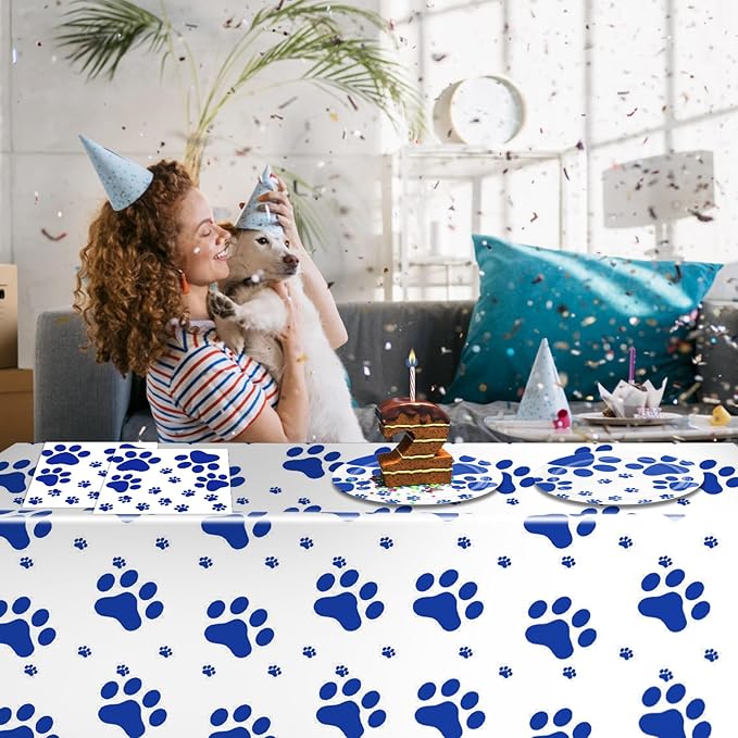 41PCS Blue Dog Paw Prints Birthday Party Supplies Include Plates Napkins Tablecloth Pet Party Decorations for Puppy Theme Party Picnic Baby Shower