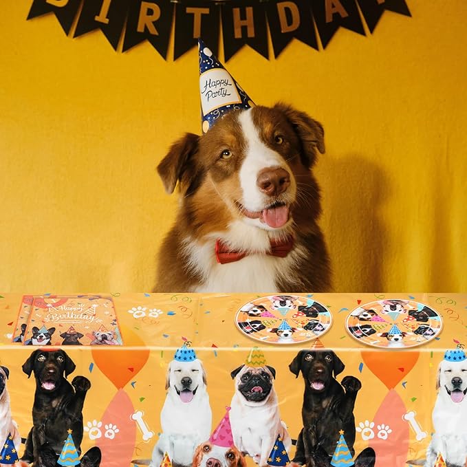 41pcs Dog Theme Tableware Set - Puppy Plates, Napkins, Tablecloth for Girls Birthday - Paw Print Party Favors Kit