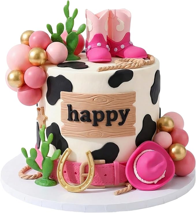 Knana 21Pcs Pink Cowgirl Birthday Cake Topper Cowgirl Hat Cake Topper with Pink Boot for Western Cowgirl Birthday Party Supplies