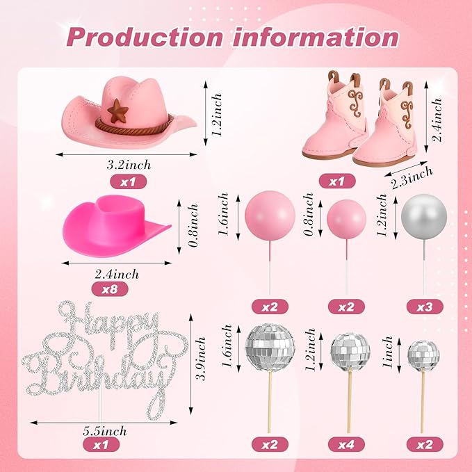 26 Pcs Cowgirl Cake Decorations Cowgirl Cake Topper Disco Decorations Hat Topper Western Cowboy Birthday Baby Shower for Western Theme Party Supplies(Pink,Cute)