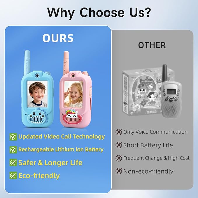 Video Walkie Talkies for Kids, Handheld 2 Pack Rechargeable Video Intercom Kids Walkies Talkies, Indoor Outdoor Toys for Family Games, Outside, Camping, Hiking for Boys Girls Ages 3-12 (bd/pu co)