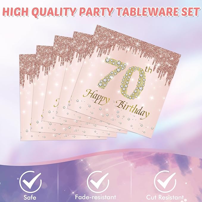 41PCS 70th Birthday Decorations for Women Rose Gold Happy 70 Birthday Party Decor Including 70th Birthday Plates Napkins Tablecloth Set For Girl Ladies Women 1956 Party Supplies