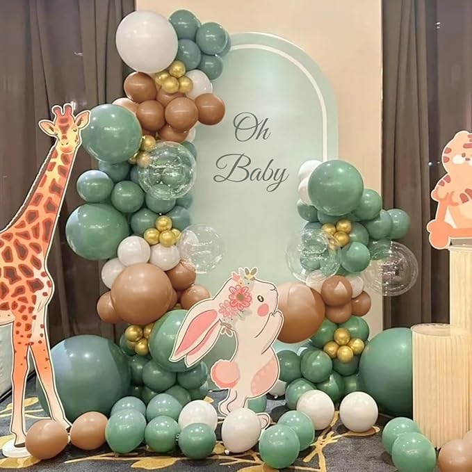 Sage Green Brown White Garland Arch Kit, 155Pcs Latex Balloons Different Sizes 18 12 10 5 inch for Safari Jungle Woodland Birthday Baby Shower Decorations
