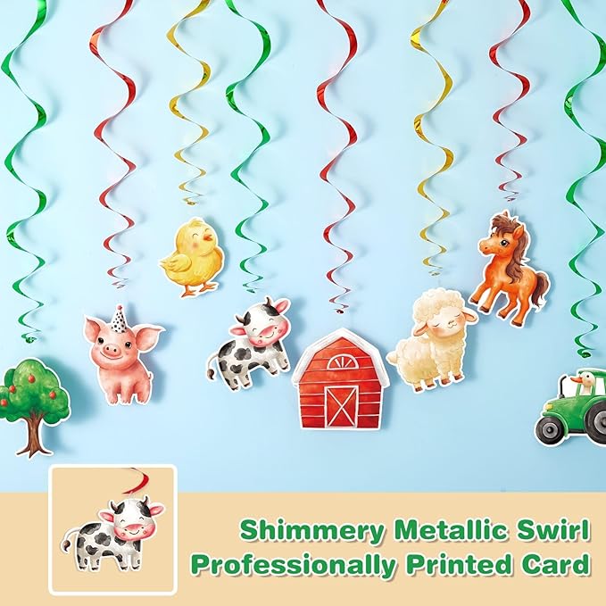 WERNNSAI Farm Animal Hanging Swirl Decorations - 16PC Farm Hanging Foil Swirls Ceiling Supplies Barnyard Party Hanging Streamers for Kids Farmhouse Theme Party Baby Shower
