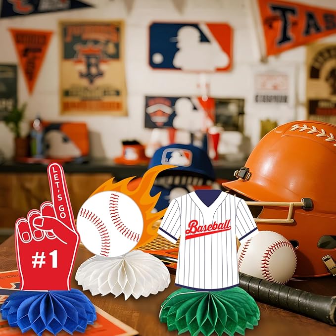kockuu 12 Pcs Baseball Centerpieces for Party Table Decorations, Double-sided Baseball Honeycomb for Birthday Sports Theme Decor Supplies Favors