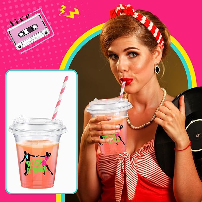 Boao 36 Sets 1950s Party Decorations 50's Rock and Roll Cups with Lids and Paper Straws 14 oz 50s Retro Birthday Plastic Cups 50's Theme Birthday Music Party Supplies