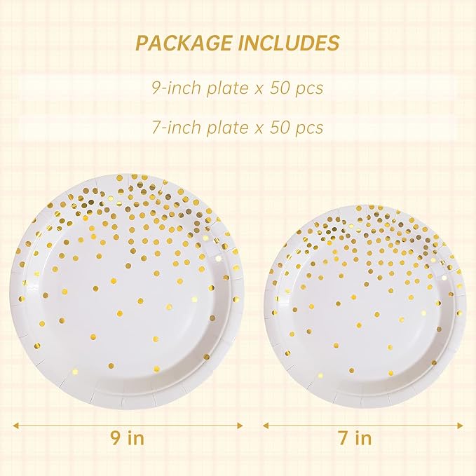 White and Gold Paper Plates Party Supplies,Disposable Gold Dot Paper Dessert Plates,100 Pack - 50 x 9 and 50 x 7 Birthday Plates for Wedding,Graduation