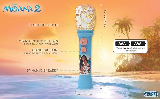 ekids Disney Princess Moana Toy Microphone for Kids, Musical Toy for Girls with Built-in Music, Kids Microphone Designed For Fans of Moana Toys for Girls