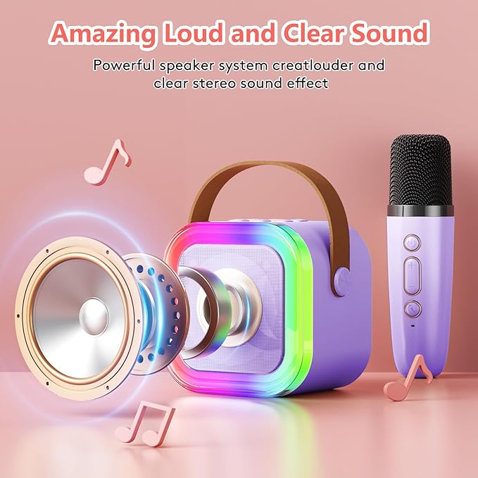 Mini Karaoke Machine for Kids: Portable Singing Machine with 2 Wireless Microphones - Christmas Birthday Gifts for 4 5 6 7 8 Year Old Girls
