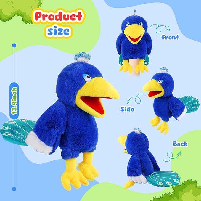 Animal Hand Puppets 11 Inch Bird Plush Toucan Owl Eagle Parrot Flamingo Peacock Puppet Toys Role-Play Puppets for Kids Storytelling Imaginative Pretend Play Teaching Preschool(Peacock)