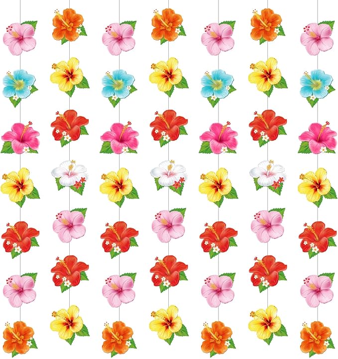 8 Pcs Hawaiian Luau Party Decorations Hibiscus Flower Birthday Hanging Garlands Banner Tropical Hawaiian Paper Cutouts Streamer for Wall Ceiling Decor Summer Aloha Beach Pool Party Supplies