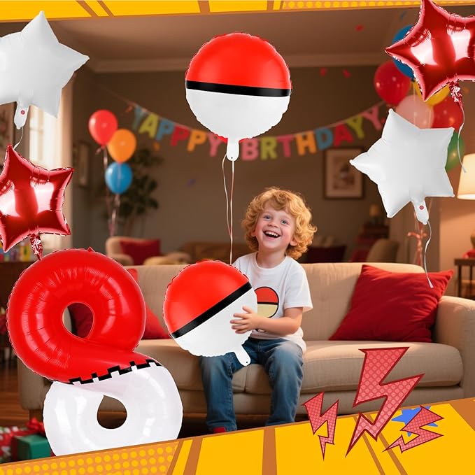 40 Inch Red & White Cartoon Themed Theme Number Balloon, Number Block Foil Number 8 Balloons Large Big Numbers Helium Balloon for Girls Boys 8th Birthday Theme Party Decorations (Number 8)