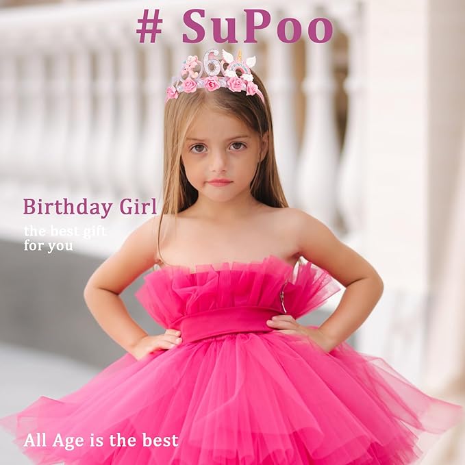 SuPoo 6th Birthday Headband Flower Crown for Girls Princess Tiara Decorations Hair Band Cute 6 Year Old Party Accessory
