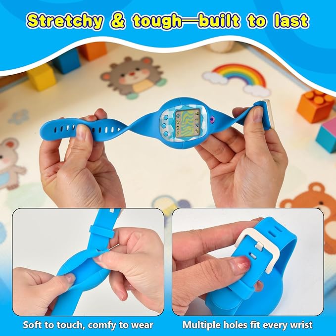 Soft Silicone Wristband for Tamagotchi Original, for Gen 1/2, Neon, Retro Flowers, 90s, Fresh Strawberry, Adjustable Anti-Drop Strap for Kids, Teens, Adults, Parents & 90s Nostalgia Lovers (Blue)