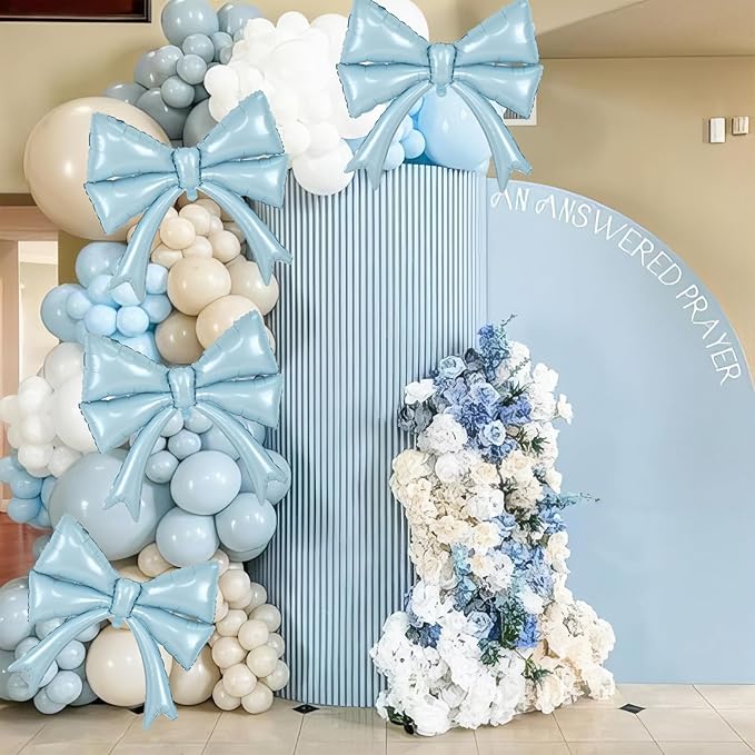 2pcs Dusty Blue Bow Balloons for Bow Party Decorations, Giant Light Baby Blue Mylar Foil Balloon for Coquette Party Decor Bow Themed Sweet 16 Birthday Bridal Baby Shower Bachelorette Wedding Supplies