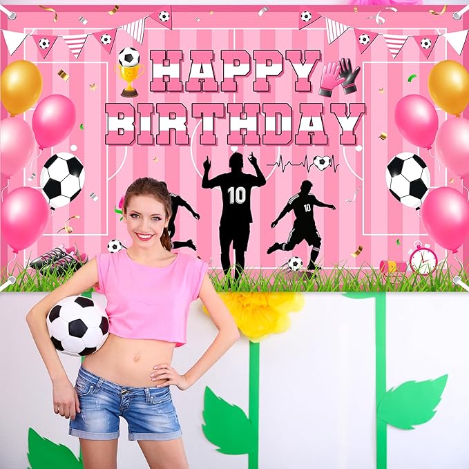 Avezano Scoccer Star Birthday Party Decorations Scoccer Sports Theme Happy Birthday Banner Backdrop Kids Teens Football 10th Birthday Party Celebrations Supplies (Pink, 6x3.6 ft)
