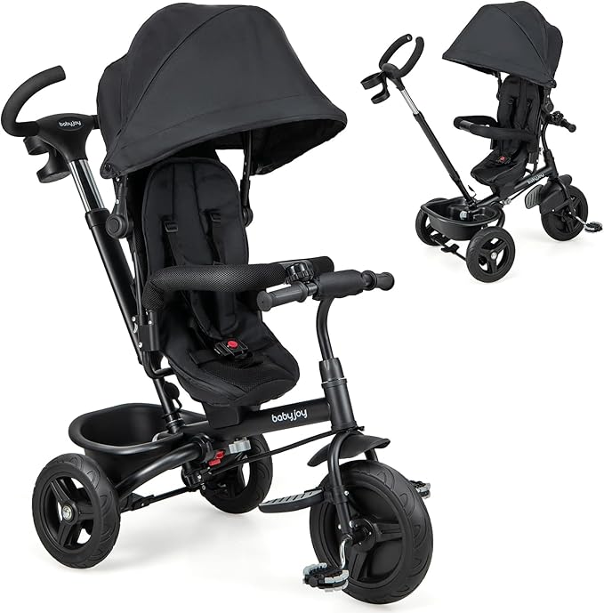 BABY JOY Tricycle, 6 in 1 Trike for Toddler w/Reversible Seat, Adjustable Canopy & Parent Handle, 5-Point Safety Belt, PU Wheels and Storage Basket, Push Tricycle for 9-60 Months (Black)