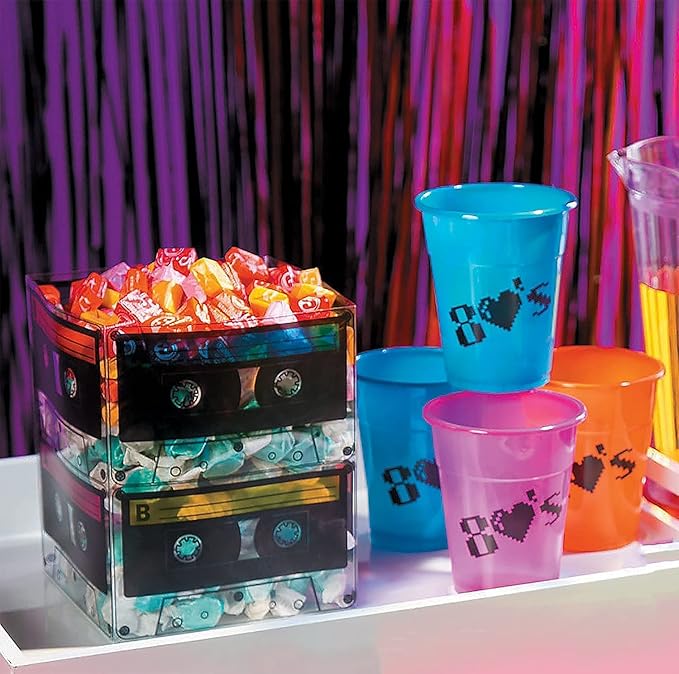 4E's Novelty Cassette Tape Bucket Centerpiece (Pack of 4) 80s Party Supplies, 90's Theme Birthday Party Decoration Cassette Tape Table Decor, Retro Hip Hop Pop Music Culture Party for Adults & Kids