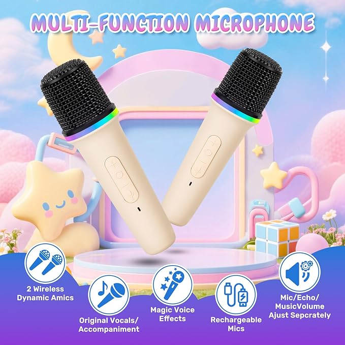 Mini Karaoke Machine with 2 Wireless Microphones, Portable Bluetooth Speaker for Kids & Adults, Ideal Birthday for Girls Boys Ages 3-12, Home Party Travel Entertainment Toy (White)