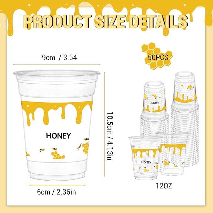 50 Pcs Honey Bee Cups, 12 oz Bee Party Clear Plastic Cups for Juice Water Coffee Summer Baby Shower Birthday Party Supplies Decorations