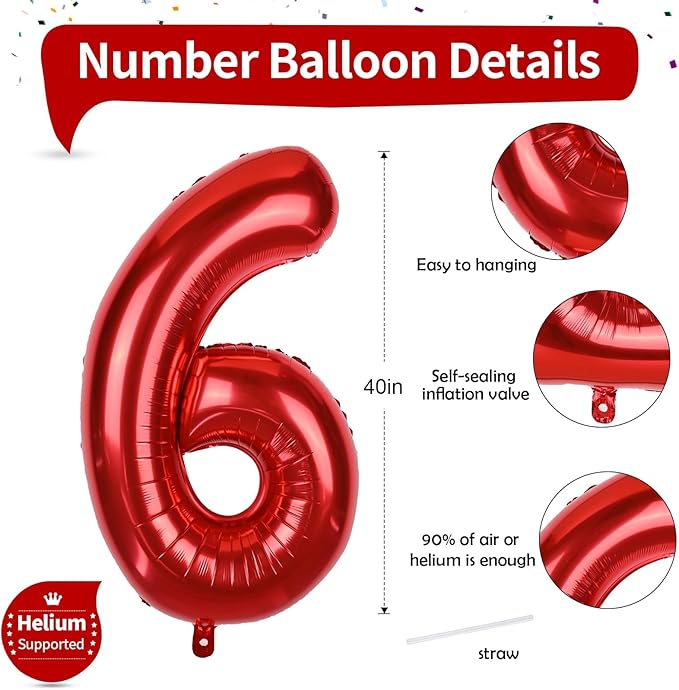 Large Number Balloons 6 for Boys, Red 40 Inch Foil Self Inflating Number 6 Balloon for Women Men 60th 25th Birtyday Party Anniversary Graduation Party 0-9 Set Balloons Decorations Supplies