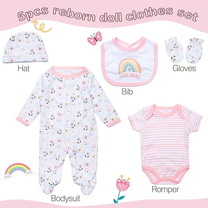 Reborn Baby Doll Clothes Girl Outfit Accessories 5 pcs Set for 17-22 Inch Reborn Dolls Newborn Baby Girl Doll Clothes
