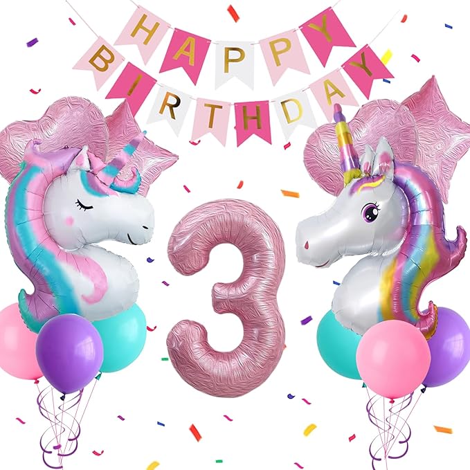 Yancan 3rd Unicorn Birthday Decorations for Girls, 3 year old Girl Party Supplies with Happy Birthday Banner, Unicorn Balloons