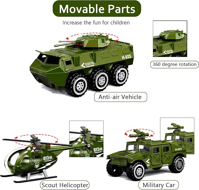 Die-cast Military Army Vehicles, 6 Pack Alloy Metal Toy Models Set - Tank, Helicopter, Panzer, Anti-Aircraft Vehicle, Gifts for Kids Boys Age 6 7 8 9 (1:87 Scale)