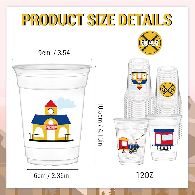 50Pcs Train Theme Party Cups, 12oz Train Plastic Cups for Birthday Party Supplies Table Decorations Favors