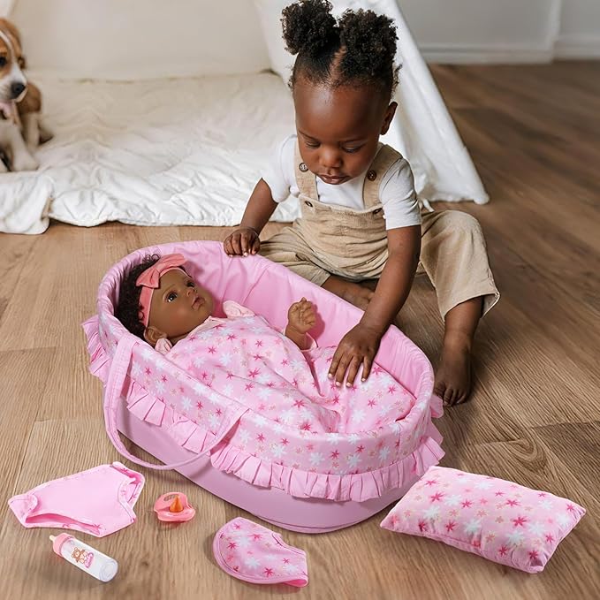 GAGAKU 18 Inch Doll Bassinet - Baby Doll Bed with Carry Handle & Pink Accessories Set for Girls & Kids, Reborn Baby Dolls Accessories