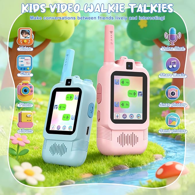 2 Pack Kids Video Walkie Talkies with Dual Cameras, Rechargeable Walkie-Talkie with Sticker Effect Photo/Voice Chat/Emoji Messaging, Gift for 3-12 Boys Girls to Family Fun Interaction
