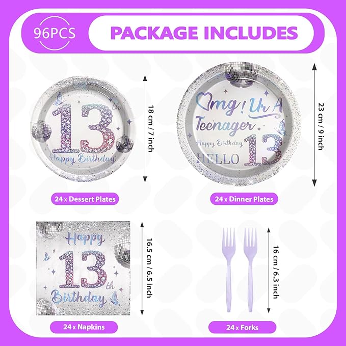 Grencian 96Pcs 13th Birthday Decorations for Girls Silver Disco Iridescent 13th Birthday Plates and Napkins Disposable Paper Tableware for Girls 13 Year Old Party Supplies, Serves 24