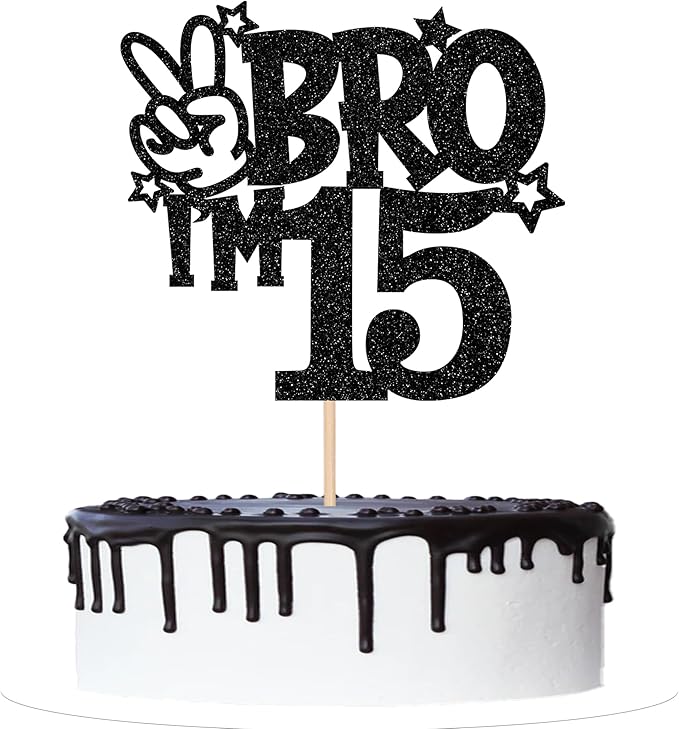 1 PCS Brother I'm 15 Cake Topper Glitter Star Happy 15th Birthday Cake Pick Bro I'm 15 Cake Decoration It's My 15th Birthday Decorations for Boys Cheers to 15 Years Old Birthday Party Supplies Black