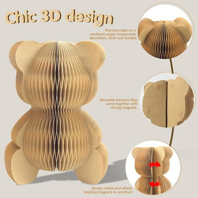 2 Pcs Bear Honeycomb Centerpieces, 10" Cute Bear Table Toppers for We Can Bearly Wait Baby Shower Decorations, Bear Themed Birthday Party Supplies