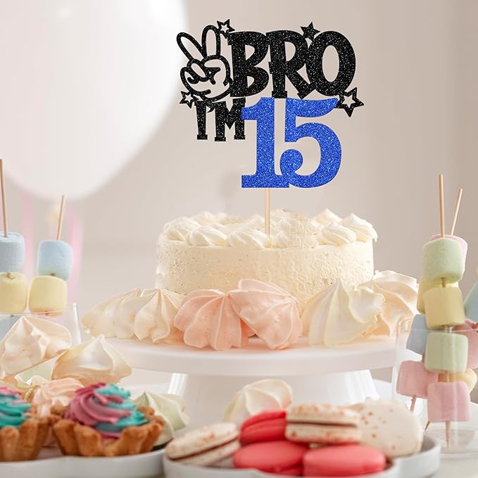 1 PCS Brother I'm 15 Cake Topper Glitter Star Happy 15th Birthday Cake Pick Bro I'm 15 Cake Decoration It's My 15th Birthday Decorations for Boys Cheers to 15 Years Old Birthday Party Supplies Blue