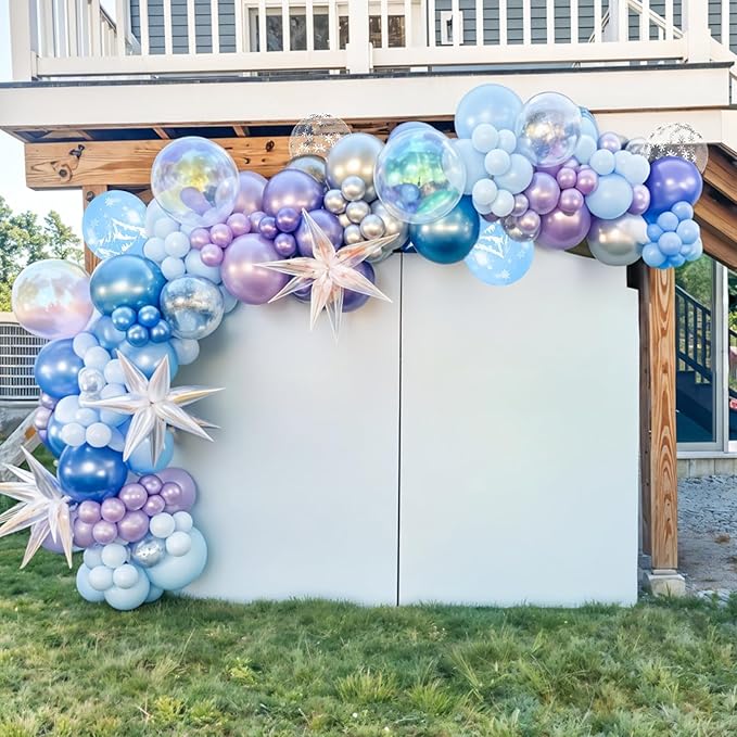 Frozen Balloons, 50Pcs 12 Inch Light Macaron Blue Pearl Purple Metallic Blue Purple Clear Snowflake Birthday Balloons for Girls Frozen Birthday Party Decorations Winter Baby Shower Snow Backdrop