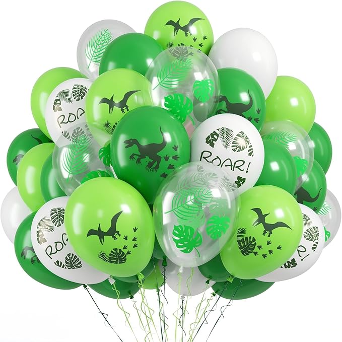 FunHot Dinosaur Balloons, 50 Pcs Dino Printed Balloon, 12 Inch Fruit Green White Latex Balloons, Leaf Printed Transparent Balloon for Boy Baby Shower Birthday Dino Themed Jungle Woodland Party Decor