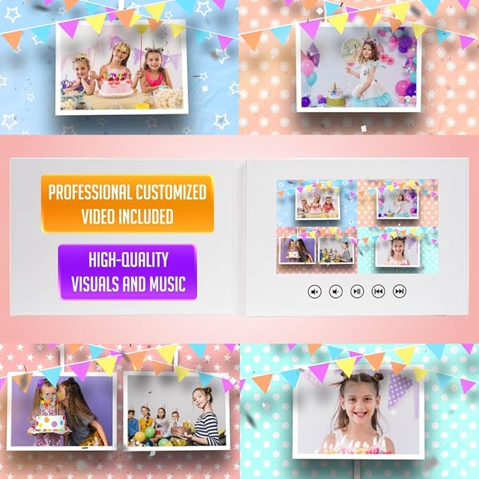 Video Greeting Card for Girl’s Birthday – Personalized Photo Slideshow – Upload 11 Images – 7” Digital Display, USB Rechargeable, 512MB, Animated Gift for Kids