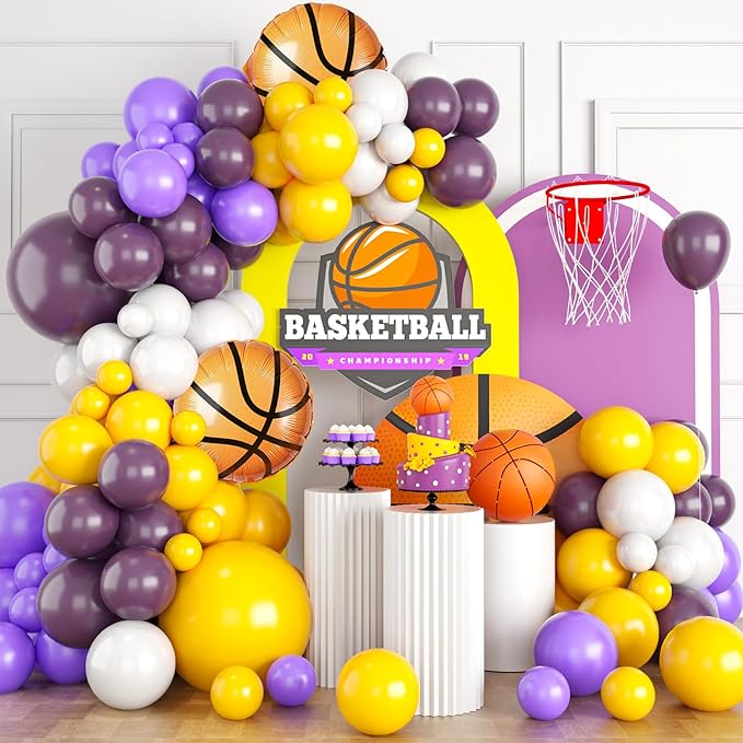 Purple Yellow Balloon Garland Arch Kit,Dark Purple White Latex Balloons with Basketball Foil Balloon for Boys Girls Birthday Graduation Party Decoration,Basketball Sport Theme Party Decor Supplies
