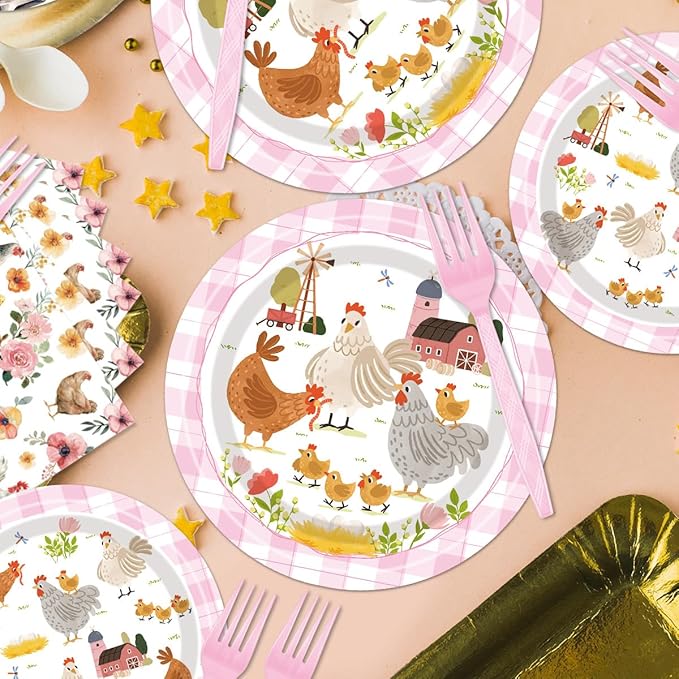 96Pcs Chicken Birthday Party Decorations Supplies – Farm Animal Barnyard Hen Chick Tableware Set, Plates Napkins Forks for Baby Shower Chicken Themed Party Dinnerware, Serves 24