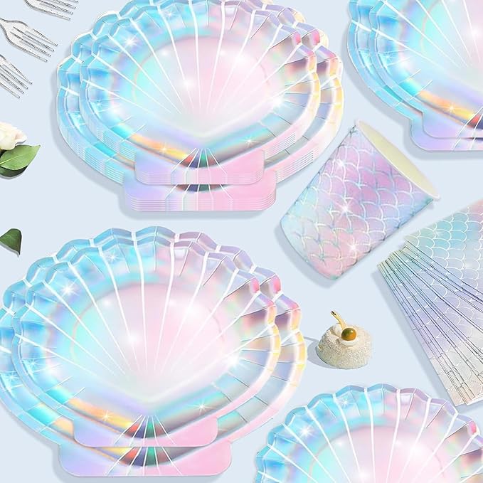 Summer Mermaid Party Supplies for Girls Baby Shower Birthday Party Under the Sea Themed Decor Iridescent Shell Plates Napkins Cups Knives Forks Tablecloths Banners Serves 20 Guests 122PCS