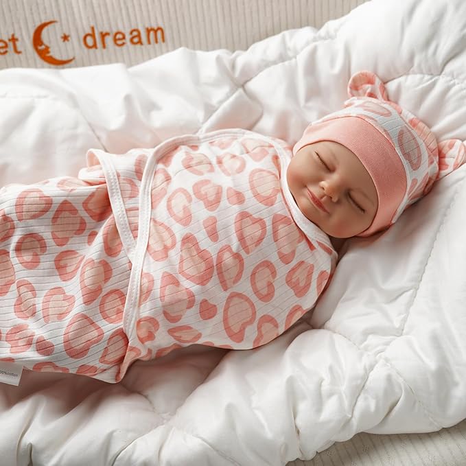 BABESIDE 4 Pcs Reborn Baby Doll Blanket with Doll Accessories Set for 17-24 Inch Babydolls, Heart Patterns Baby Doll Swaddle Blanket with Hat Gloves for Realistic Dolls Girl, Pink