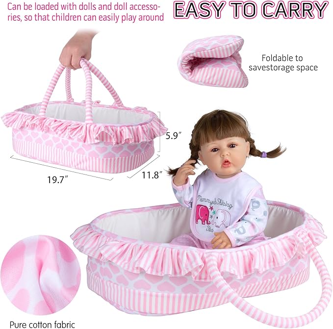 PEDOLLTREE 12 Pcs Reborn Baby Dolls Clothes Girl Pink Elephant Outfit Accessories for 17-22 Inch Reborn Doll Newborn Girl with Pink Heart Bassinet